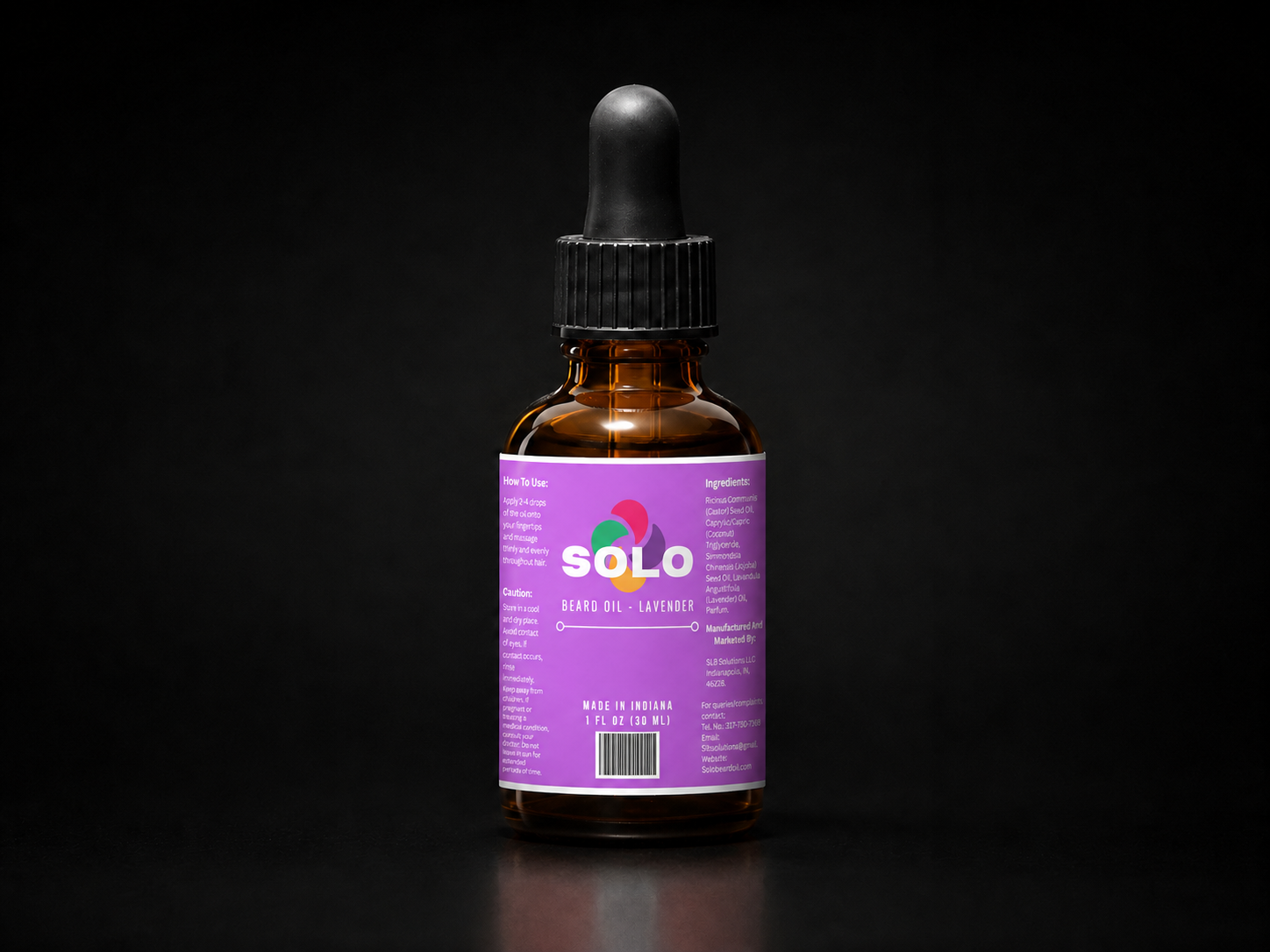 Lavender scented beard oil in a 2oz dropper bottle.