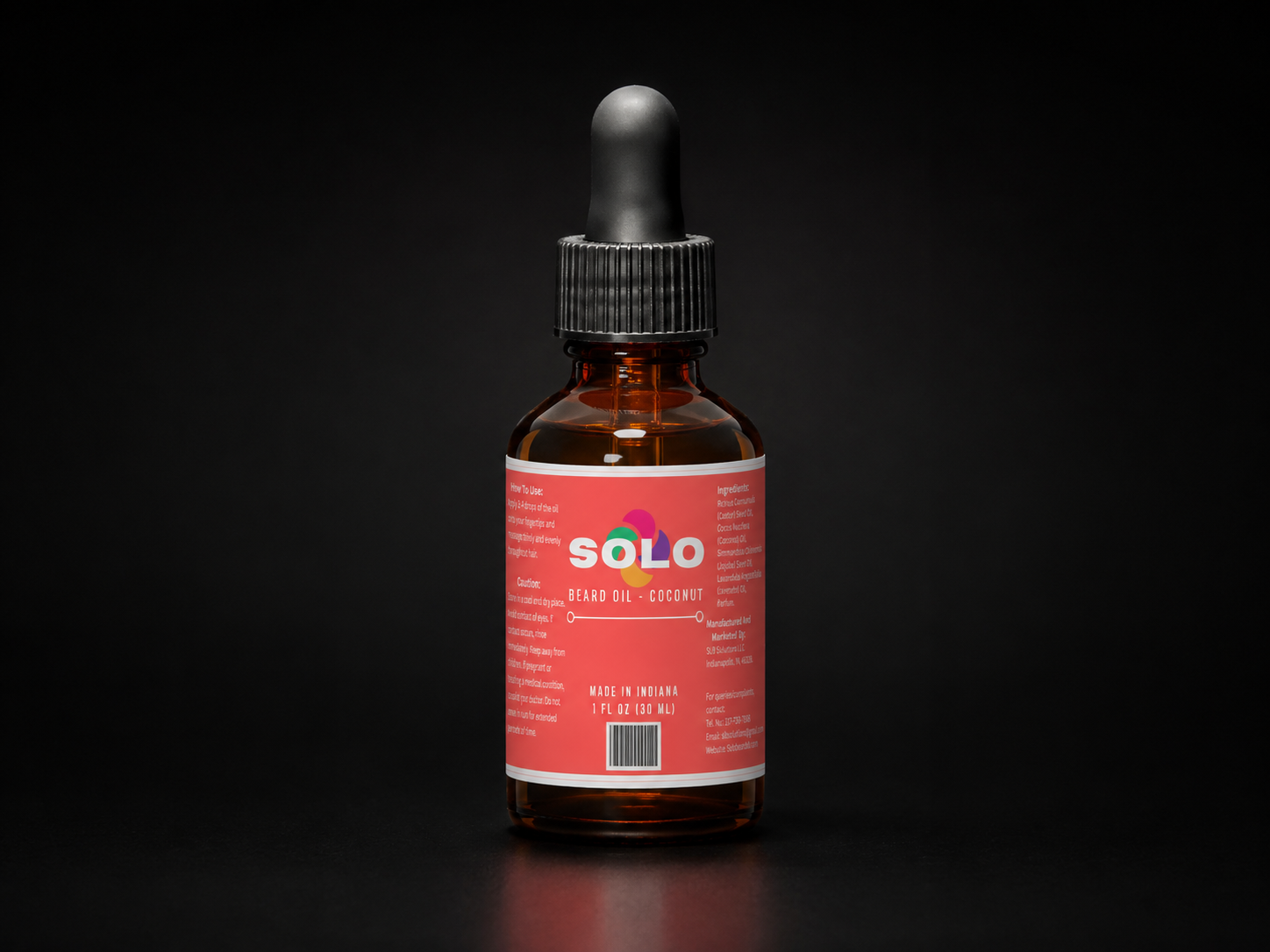 Coconut scented beard oil in a 2oz dropper bottle.